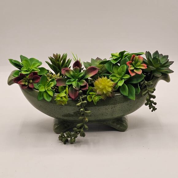 Vintage-Inspired Footed Studio Pottery Bowl - Art Deco Green Speckled Decor - Picture 3 of 9